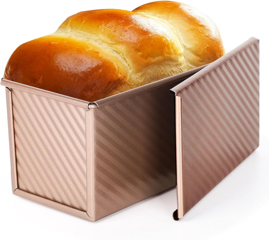 Beasea Pullman Loaf Pan with Lid, 1 Pack Non-Stick 1 lb Carbon Steel Bread Toast Box Baking Cake Mold with Cover for Homemade Bread Oven Baking - Rose Gold