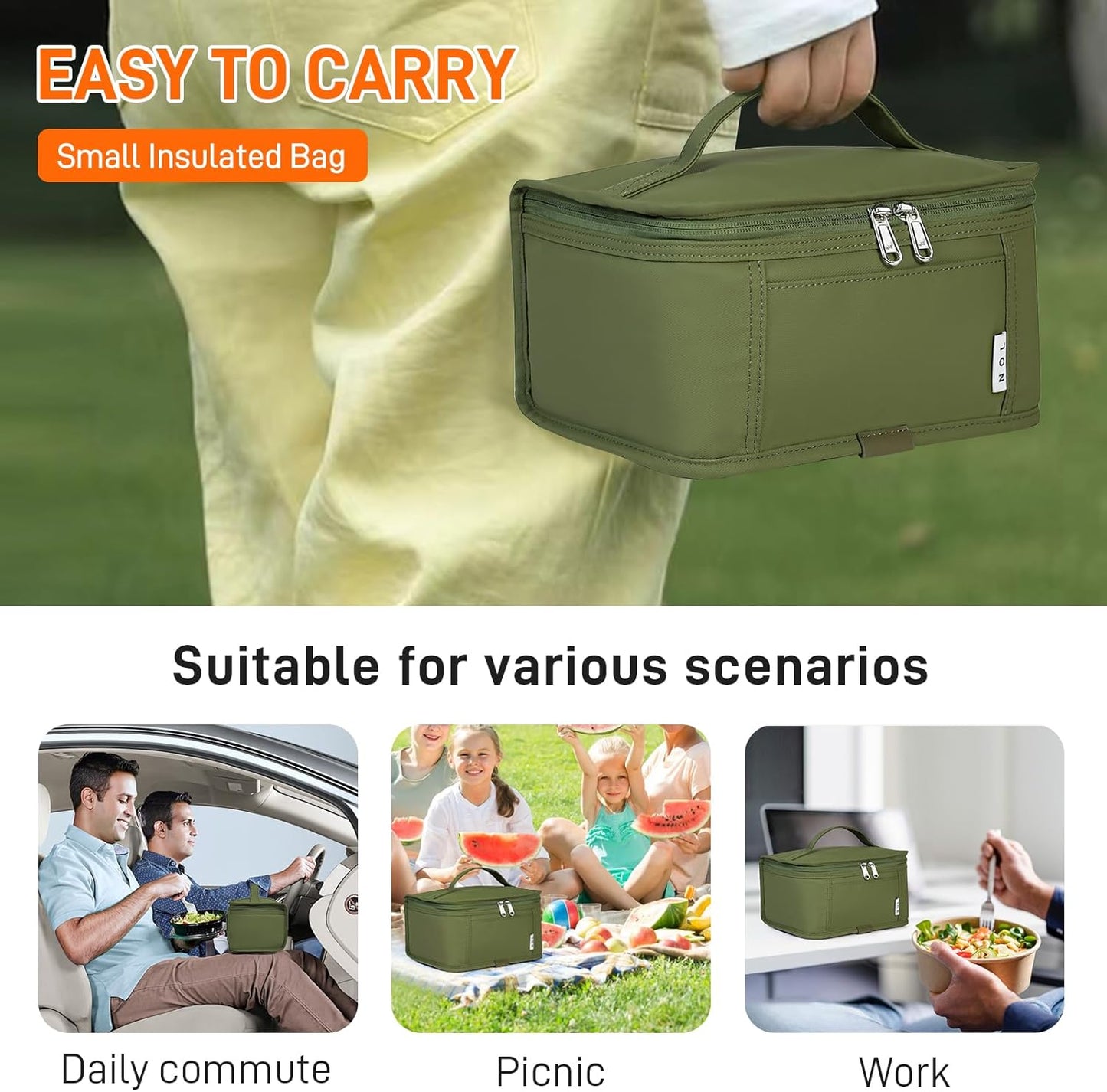 NOL Natural Organic Lifestyle Small Lunch Bag Mini Lunch Box Insulated Lunch Bag for Men/Women Leakproof Cooler Tote Bag Lightweight Nylon Waterproof Lunch Box For Work, Amy green