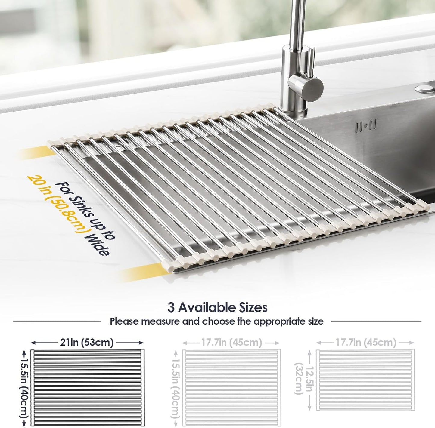 Tomorotec 21" x 15.5" Roll Up Dish Drying Rack Over Sink Drying Rack Sink Cover Kitchen Sink Accessories Gadget Multipurpose Organizer Foldable Stainless Steel Drainer