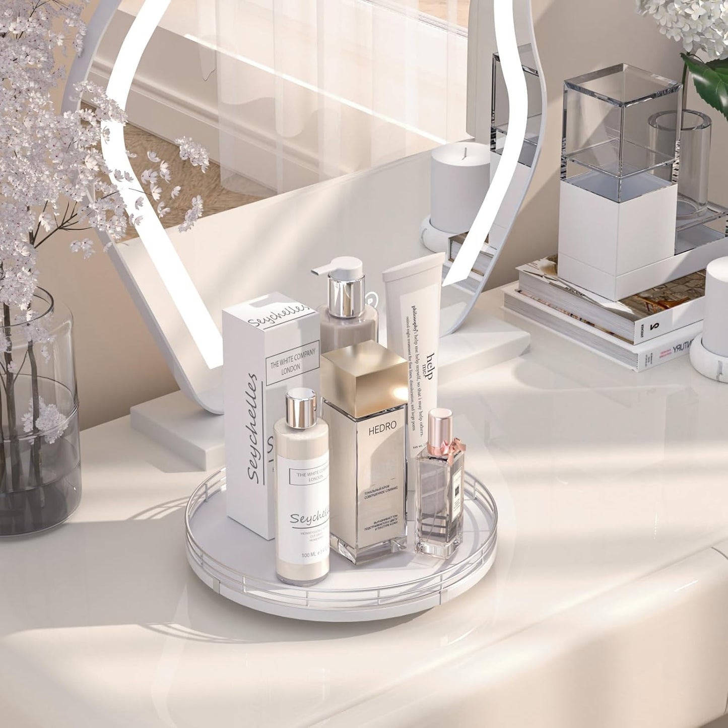 10" Oak Wood Bathroom Tray for Counter, Vanity Tray for Perfume Lotion Candle Makeup Jewelry Sink Soap Holder Turntable Dresser Organizer Countertop Coffee Table Decor Organization and Storage Silver