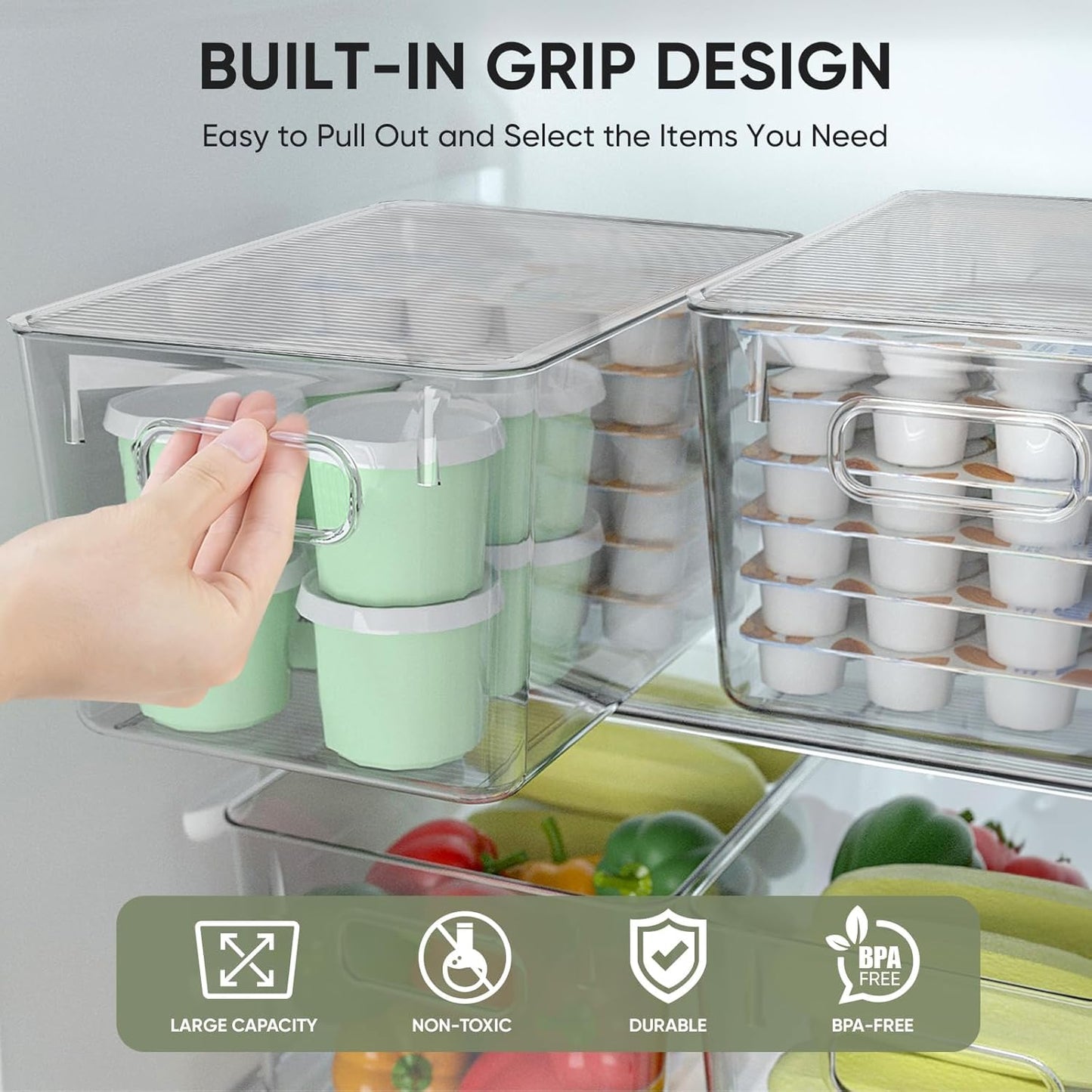 BALEINE Clear Stackable Storage Bins with Lids, Plastic Containers with Handle for Pantry Organizers and Storage, Plastic Bins for Fridge, Kitchen, Bathroom, Cabinet (13x7.4x7, 4PK)