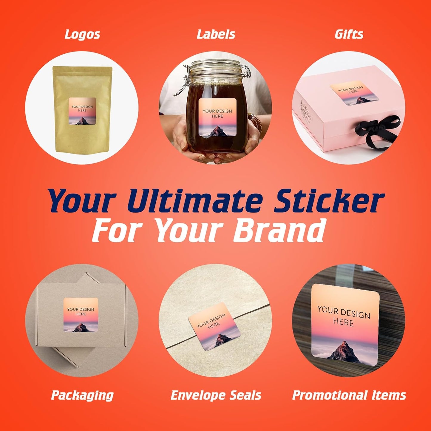 100 Custom Vinyl Stickers - Upload Your own Image, Text, Design, Logo - Personalized Logo Labels for Handmade, Packaging, Bottle, Jars, Candle, Brand Stickers (Mountain, 4x4 Square)