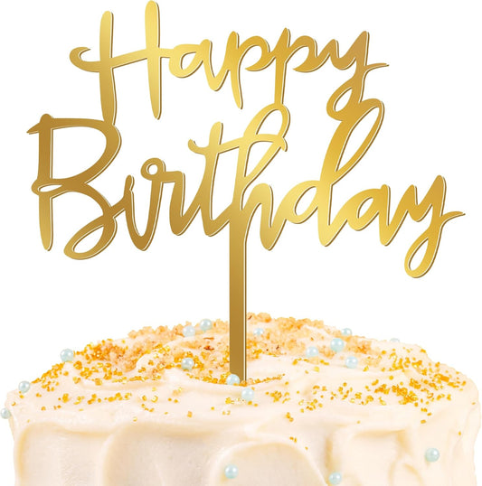1PCS Gold Happy Birthday Cake Topper, 4.7 x 5.5 Inches Birthday Cake Decorations, Glitter Mirror Acrylic Cake Topper for Birthdays, Anniversaries, or Milestone Celebrations