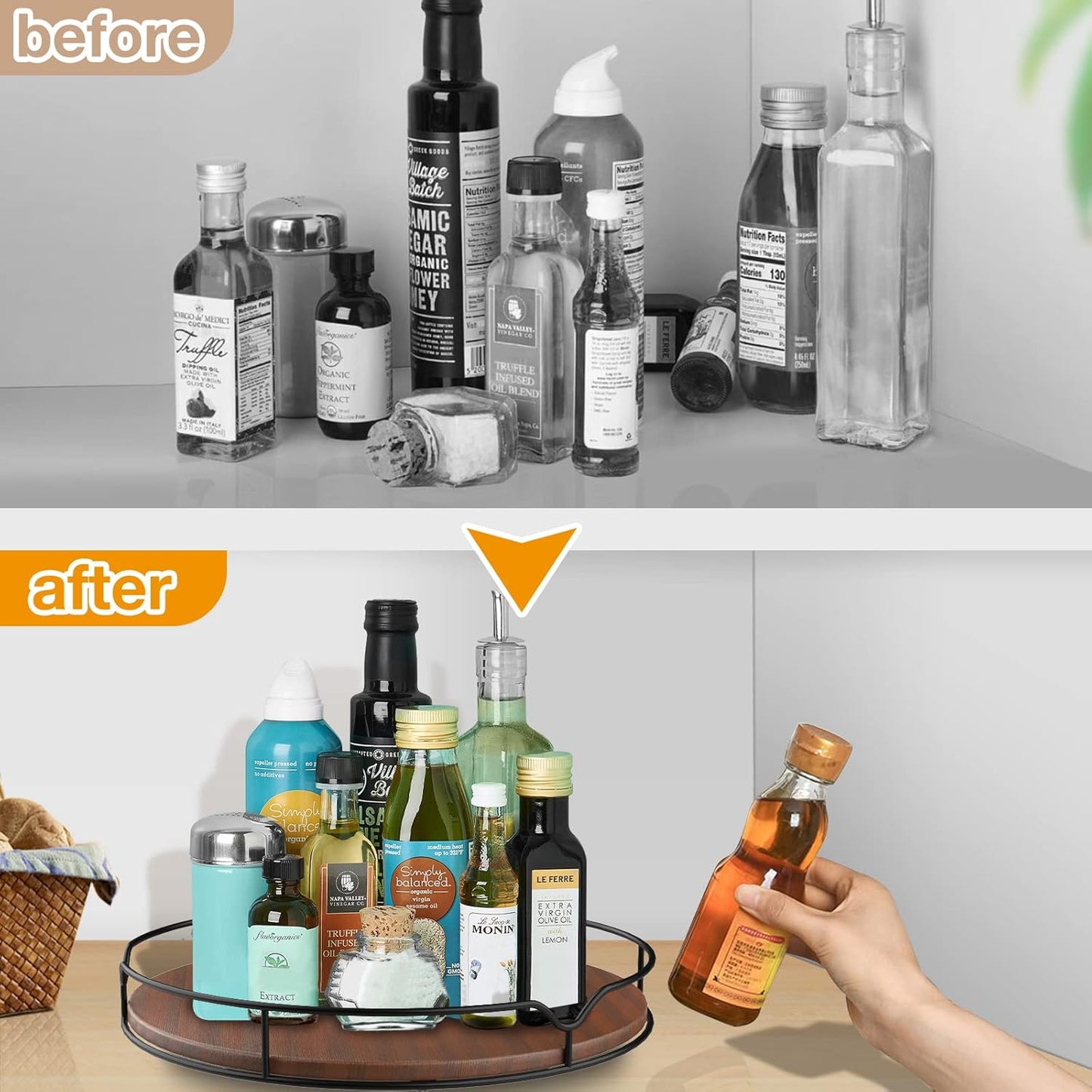 Lazy Susan Turntable Organizer for Cabinet Pantry Kitchen Countertop Refrigerator Cupboard, Pine Wood, 12", Brown