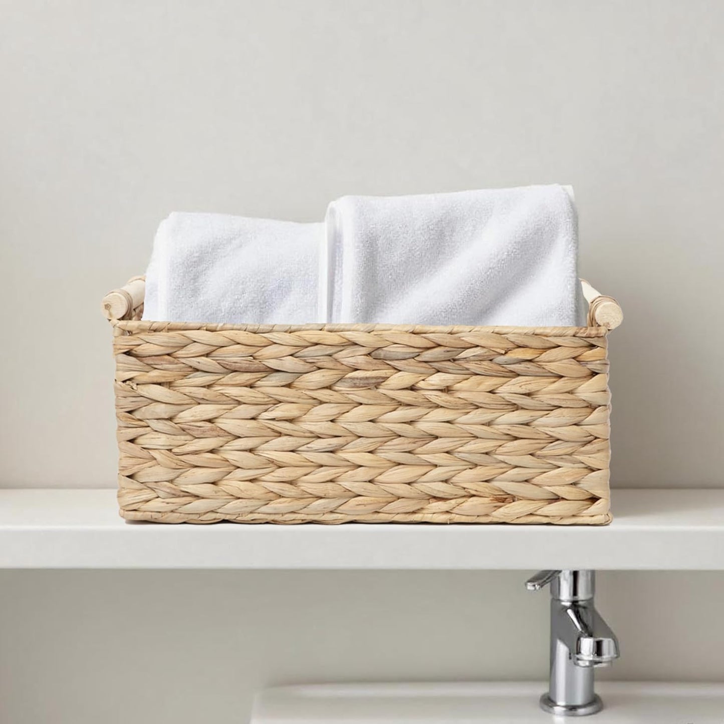 Handmade Water Hyacinth Woven Storage Baskets with Wooden Handles, Rectangle Rustic Organizer Set for Home Decor, Kitchen, Bedroom & Office (Set of 3)