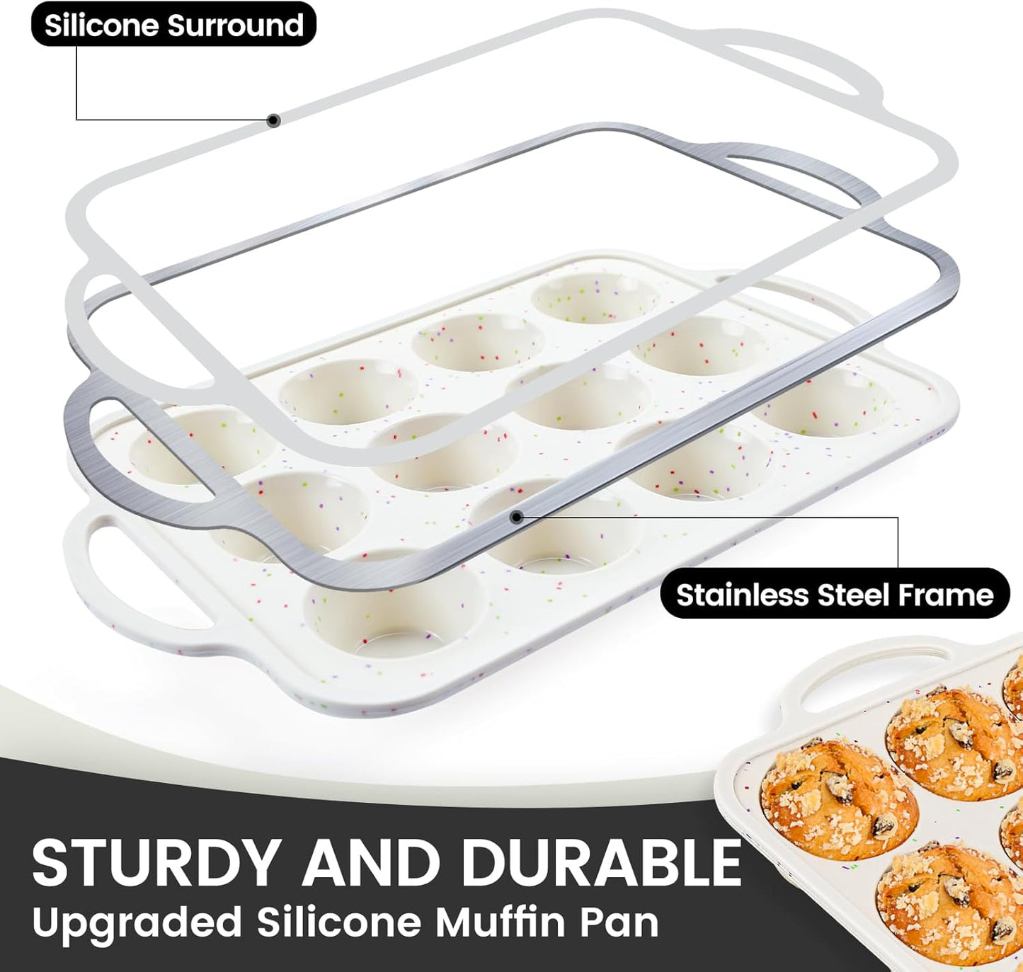 Vinino 2Pack Silicone Muffin Pan for Baking with Metal Reinforced Frame, Regular 12 Cup and Jumbo 6 Cup Nonstick Cupcake Pan Set, BPA Free Silicone Muffin Tray Molds for Oven Dishwasher Safe