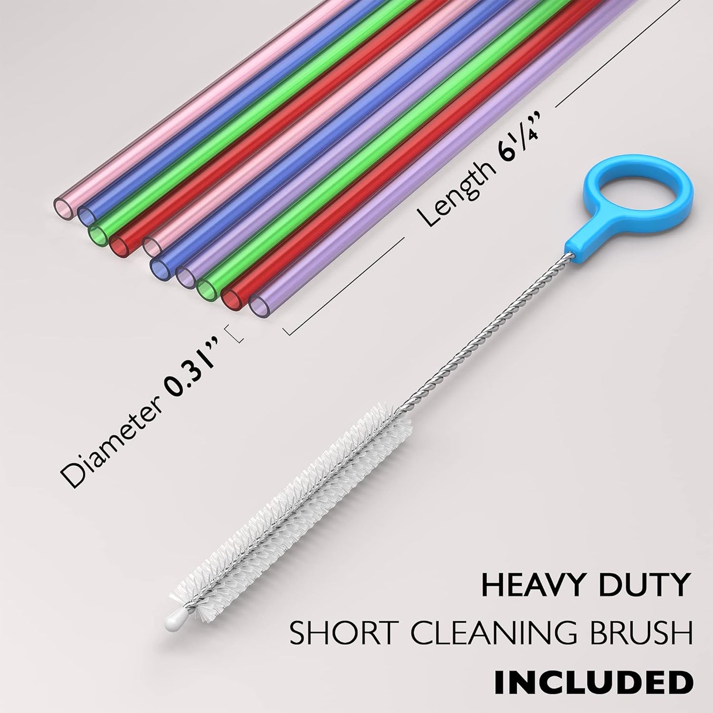 20 Short Reusable Hard Plastic Drinking Straws, Medium Width + Sturdy Cleaning Brush - for Cocktails, Small Cups, Kids Drinks - Dishwasher Safe BPA Free