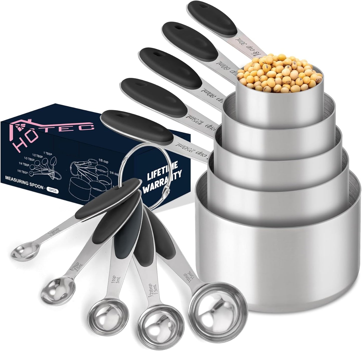 HOTEC 10-PACK Measuring Cups and Spoons Set, Kitchen Gadagets Cooking Baking,Heavy Duty & Dishwasher Safe for Dry and Liquid Ingredients,Black
