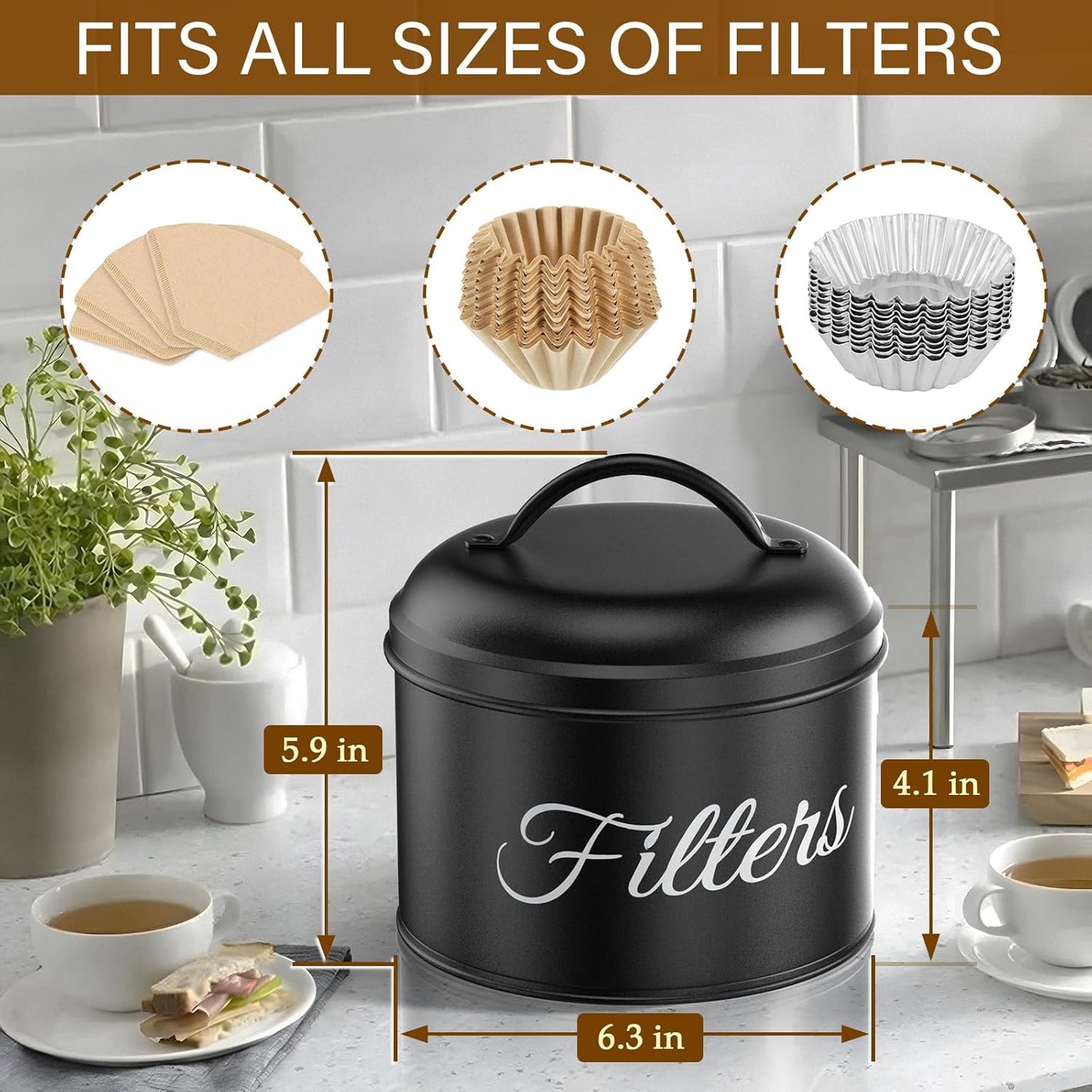 Coffee Filter Holder for Counter, Large Basket Coffee Filter Storage with Lid, Round Container for Bar Accessories Decor (Black)