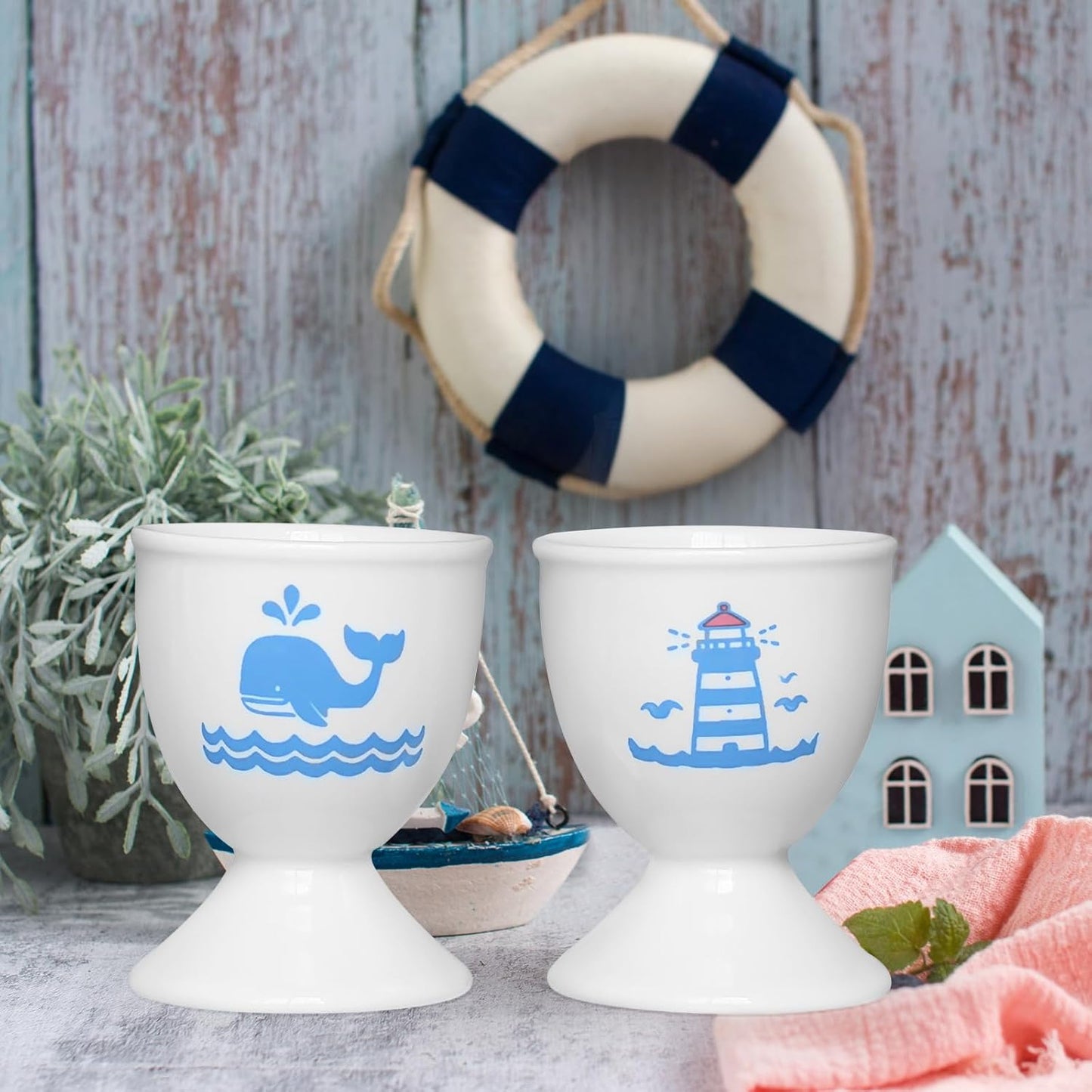 Cinf Ceramic Egg Cup Set of 2 Porcelain Holder Breakfast Boiled Cooking Easy to Clean Childhood Memories Kitchen(Lighthouse Whale)
