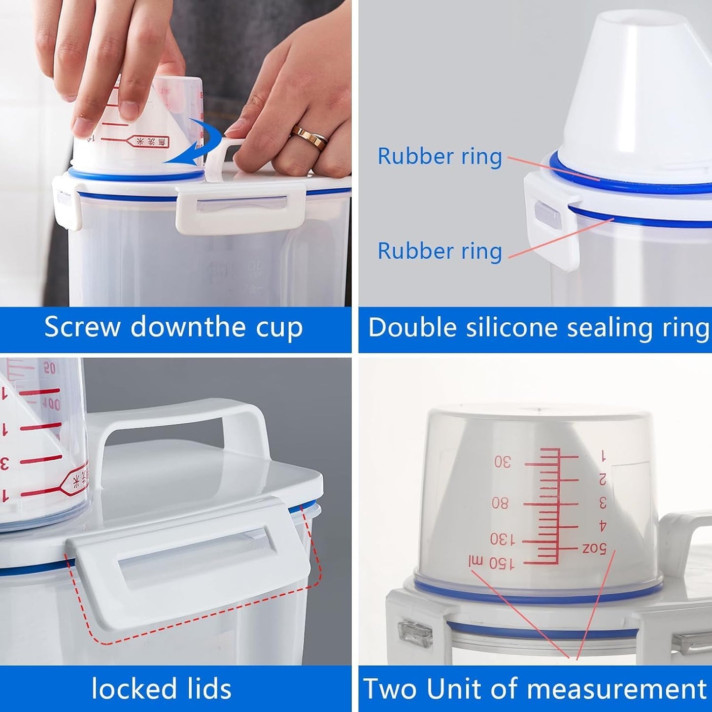 6 set 3-5 LB Rice Storage Bin Flour Cereal Containers Dispenser with BPA Free + Measuring Cup + Pour Spout - Perfect for Rice Flour Baking Supplies Pet Dog Food Storage