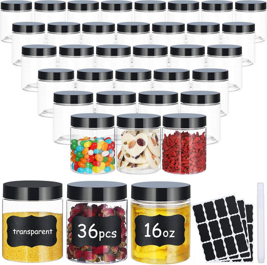 36pcs 16 oz Plastic Containers with Lids Labels Leak Proof BPA Free Airtight Refillable Clear Small Containers Storage Jars for Storing Dry Food Slime Honey Jam,black