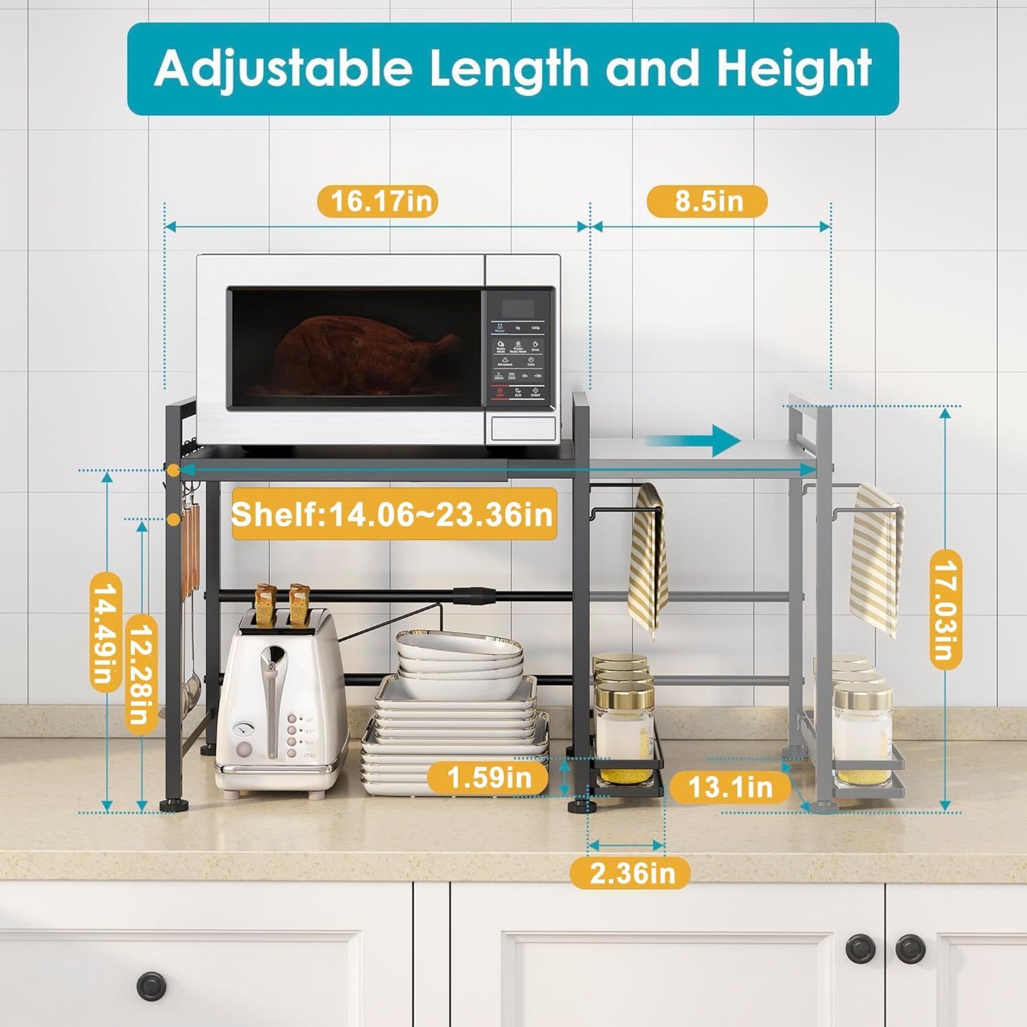 DOLALIKE Microwave Oven Rack, Expandable Microwave Stand Countertop Kitchen Utensils Tableware Storage, Carbon Steel Over Microwave Shelf Countertop with 6 Hooks