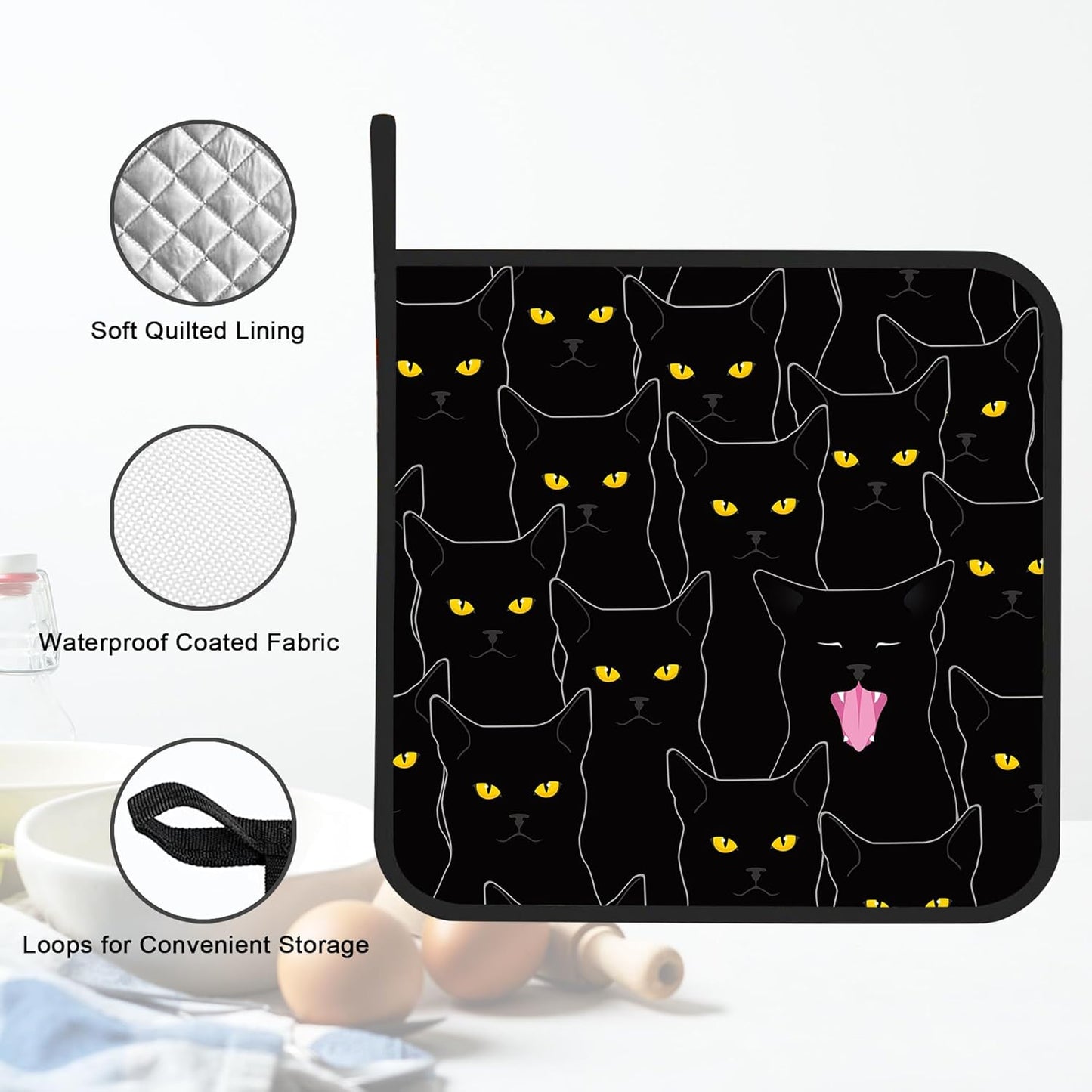 Pot Holder Set of 2,Black Cat Cute Kitchen Heat Resistant Potholder for BBQ Cooking Baking,Food Hot Pat for Women Men Kitchen Wear
