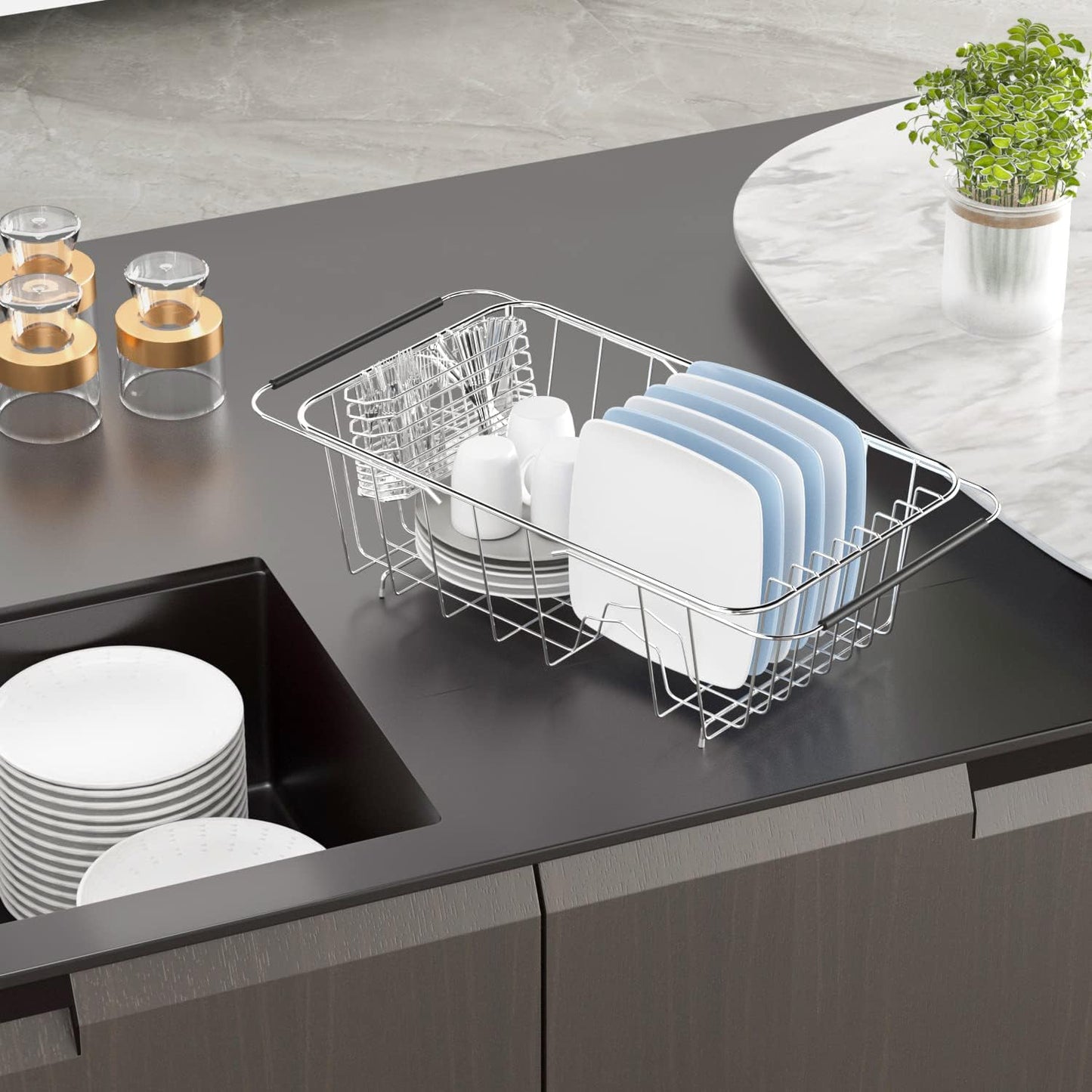 JAQ Small Dish Drying Rack in Sink Adjustable 14.25" to 20.55", Expandable 304 Stainless Steel Metal Dish Drainer Rack Organizer with Stainless Steel Utensil Holder Over Sink Counter (for 1-2 People)