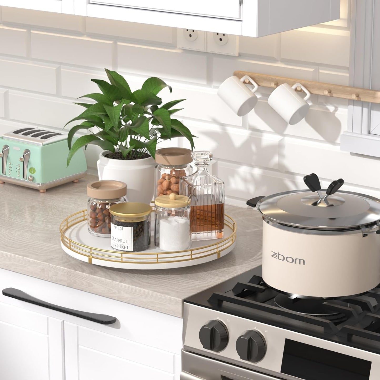 12" Wooden Lazy Susan Turntable for Cabinet – Round Rotating Spice Rack Organizer, White Kitchen Countertop Tray for Dining Table & Pantry Storage (White & Gold)