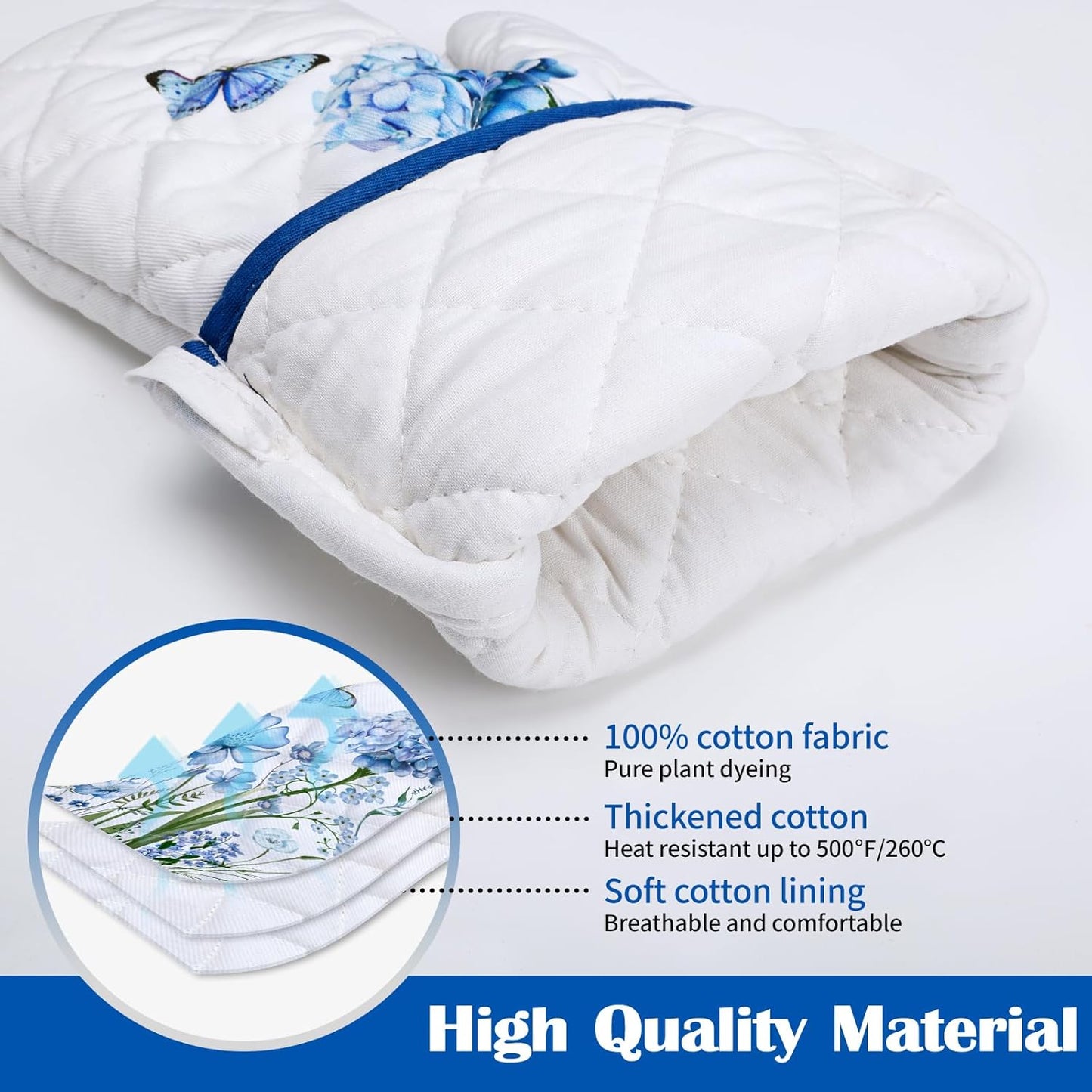 Blue Floral Oven Mitts and Pot Holders Sets 2Pcs, 100% Cotton Heat Resistant, Extra Long Oven Gloves Potholder for Kitchen Cooking Baking Decoration