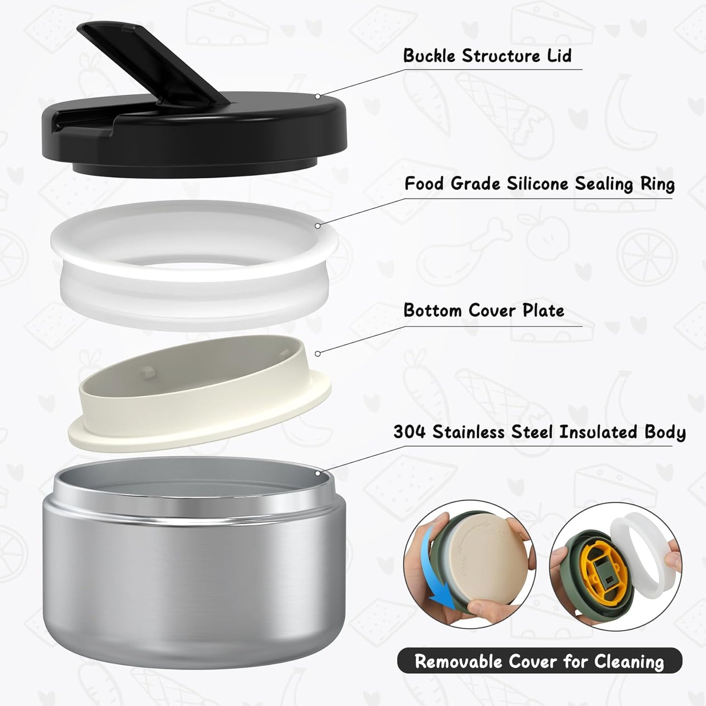 Bento Lunch Box with 8oz Soup Thermo, Leak-Proof Lunch Containers with 4 Compartment, Thermo Hot Food Jar and Insulated Lunch Box for School Black