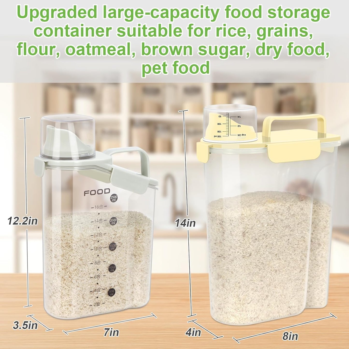 Rice Storage Container, Cereal Containers Storage, Dry Food Airtight Dispenser BPA Free, Clear Plastic Kitchen and Pantry Organization Bin (2, Sunshine Beige, 3Qt)