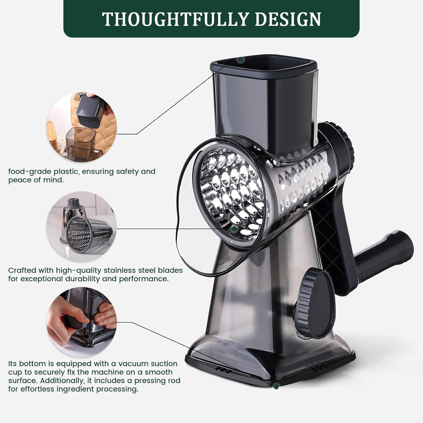 HANSGO Rotary Cheese Grater, Hand Crank Cheese Shredder, Vegetable Slicer for Kitchen, 3 Interchangeable Blades for Potatoes Carrots Onion Zucchini Nuts Chocolate Fruits, Black