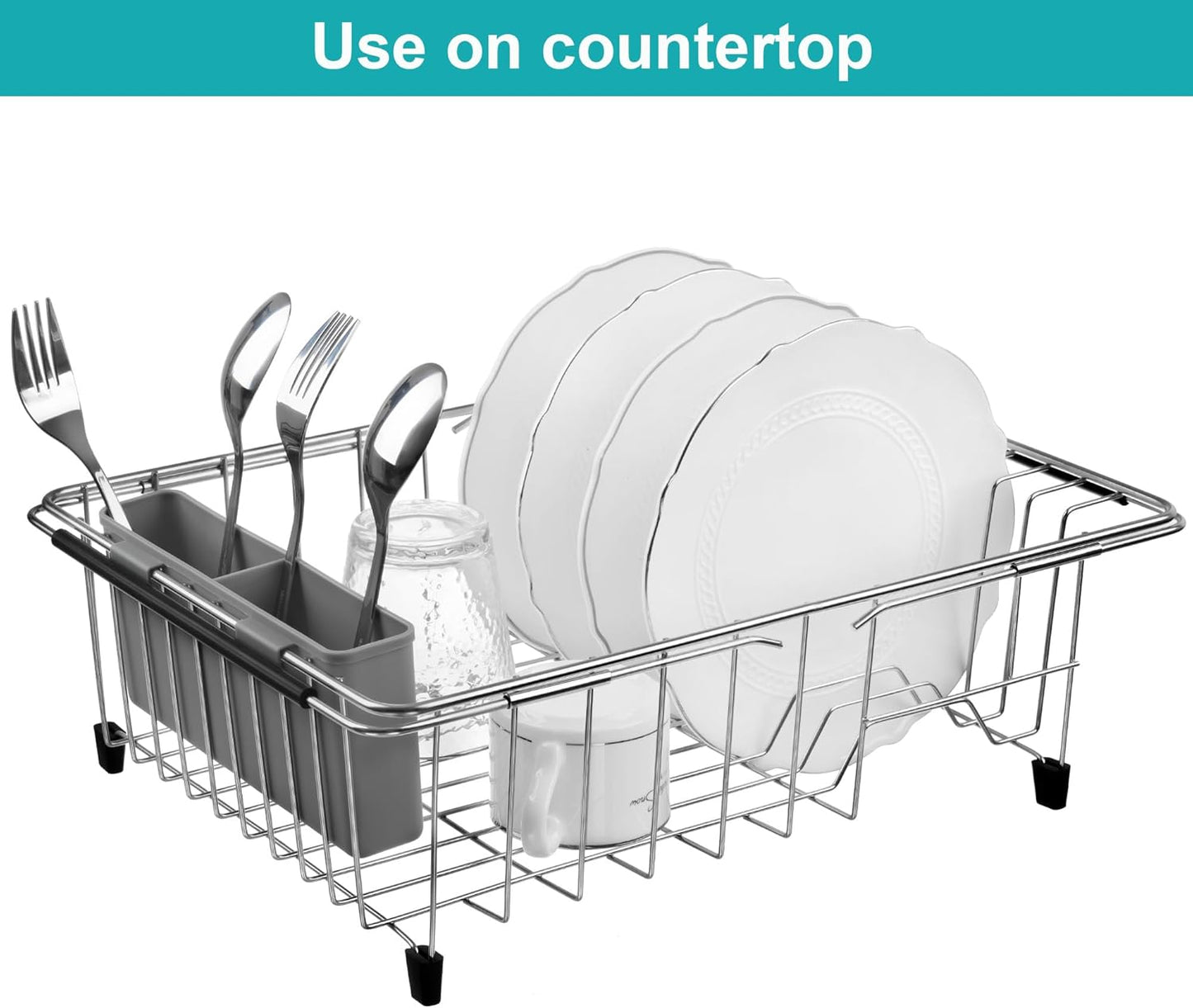 iPEGTOP Expandable Multifunctional Dish Drying Rack, Over The Sink, in Sink Or On Counter Dish Drainer Basket Organizer Shelf with Removable Grey Utensil Silverware Holder, Rustproof Stainless Steel