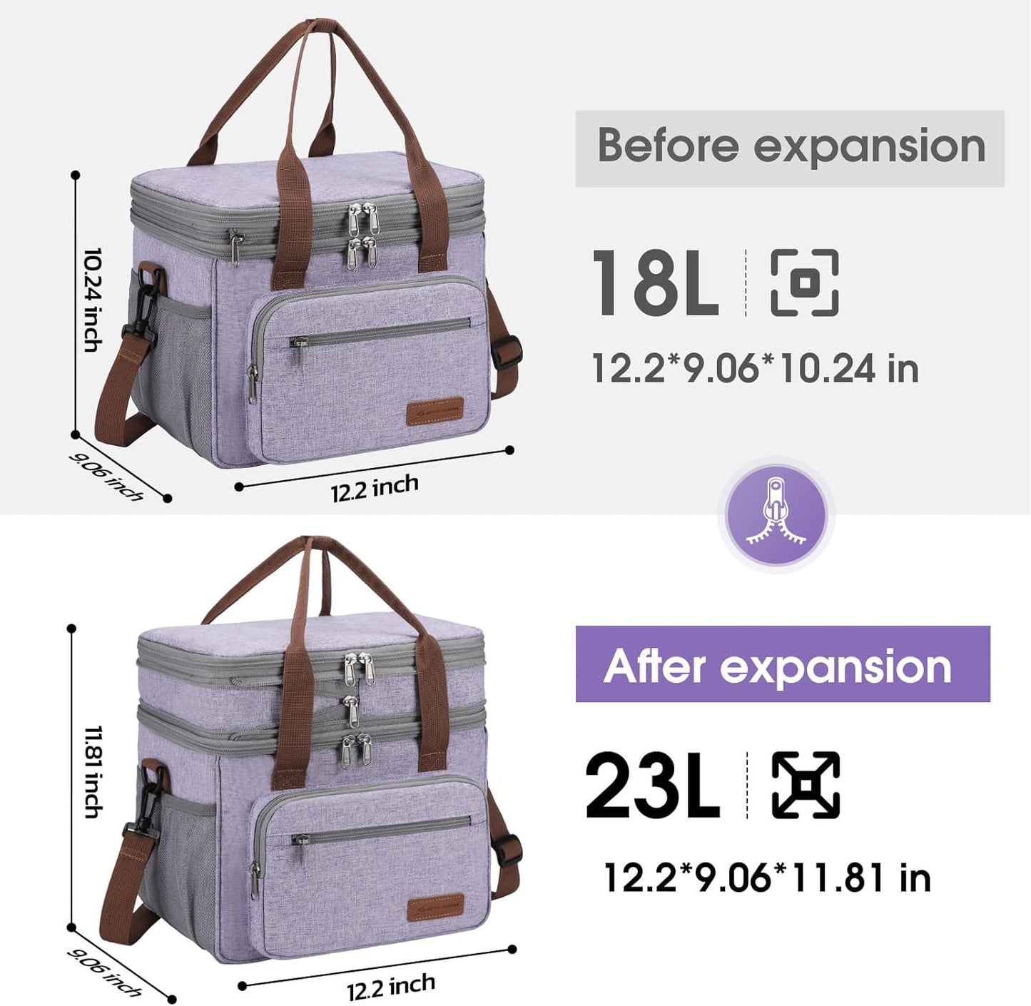Maelstrom Lunch Bag Women,23L Insulated Lunch Box For Men Women,Expandable Double Deck Cooler Bag With Side Tissue Pocket,Lavender