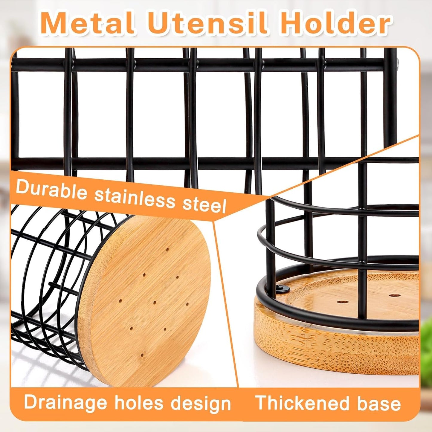 2 Pieces Utensil Holders, 5.1*5.1*5.8 and 3.7*3.7*5.8 inches Kitchen Utensil Holders, Metal Black Crocks with Wooden Base, Easy to Drain