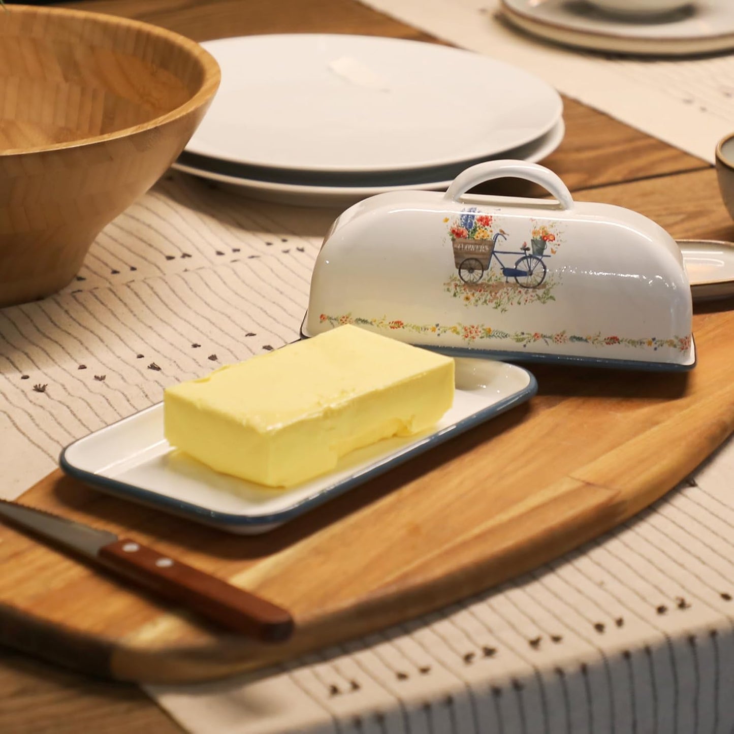 Enamel Butter Dish with Lid Vintage Enamelware Butter Keeper with Flower and Bird Patterns Farmhouse Butter Container Butter holder for Countertop Kitchen Decor Blue