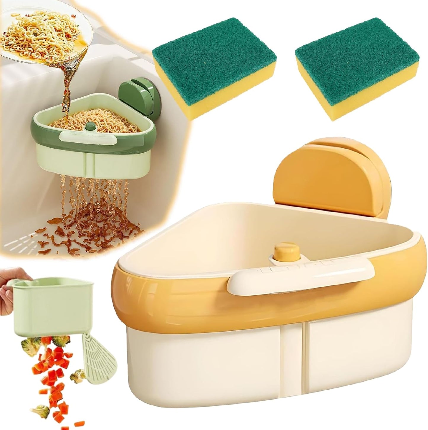 Suction Cup Sink Corner Rack, 2025 New Upgraded Sink Strainer Basket, Automatic Dumping Sink Strainer Basket, Triangular Sinks Basket Shelf with Suction Cup Sucker (Yellow)