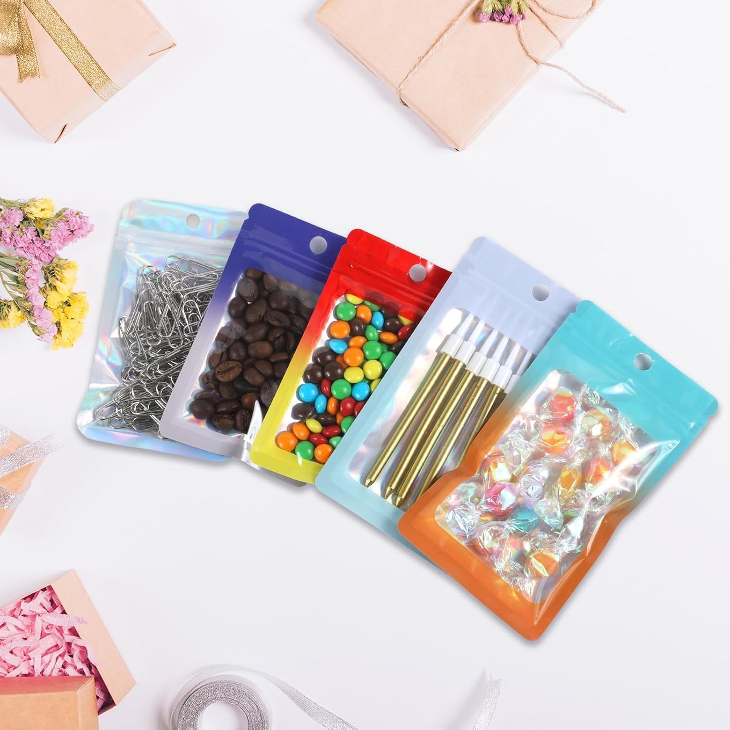 200 Pack Resealable Mylar Holographic Bags Food Storage Smell Proof Bags with Front Window Foil Packaging Pouch for Candy Sample Jewelry Small Business 4.72×7.87 Inch, White