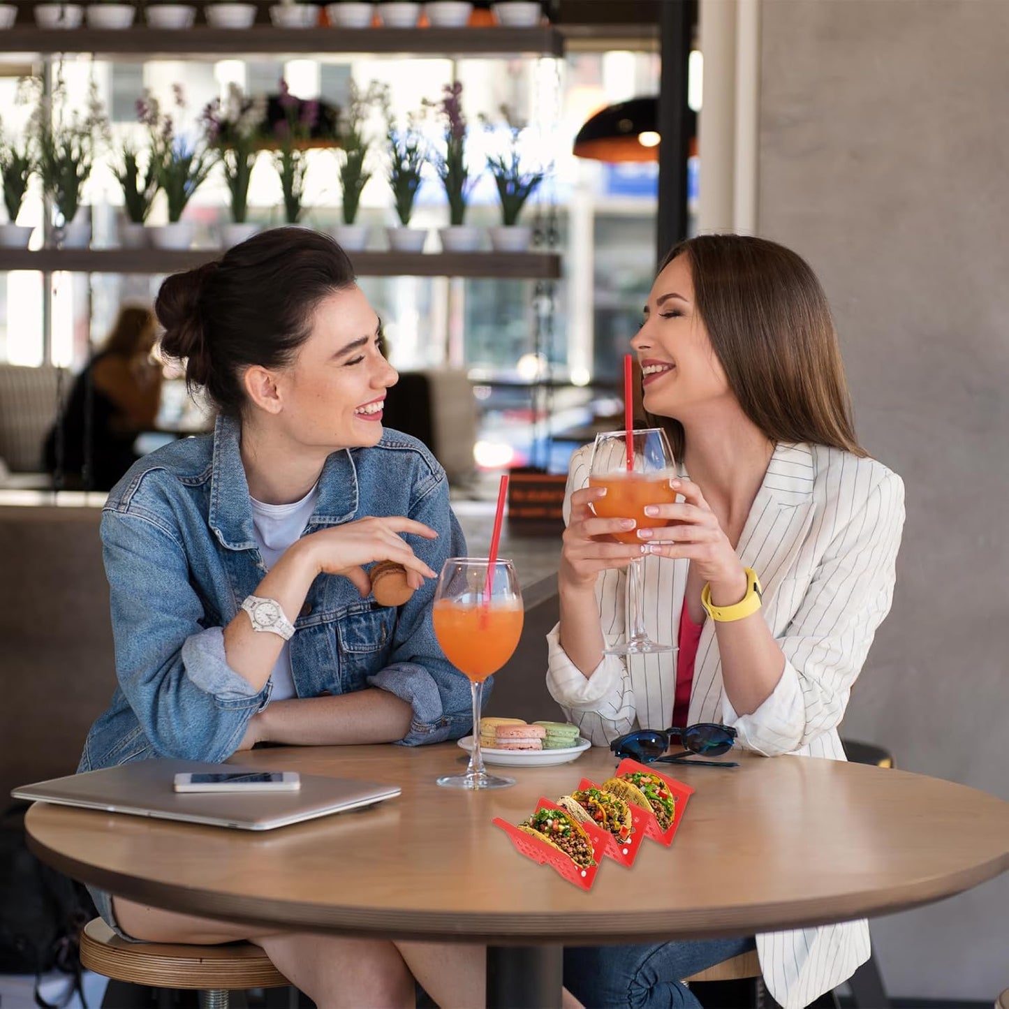 uxcell 8 Pcs Taco Holder Stand, Plastic Taco Plates Hold Up to 3 Tacos, Hollow Carved Taco Shell Holder, Dishwasher Microwave Safe, Orange