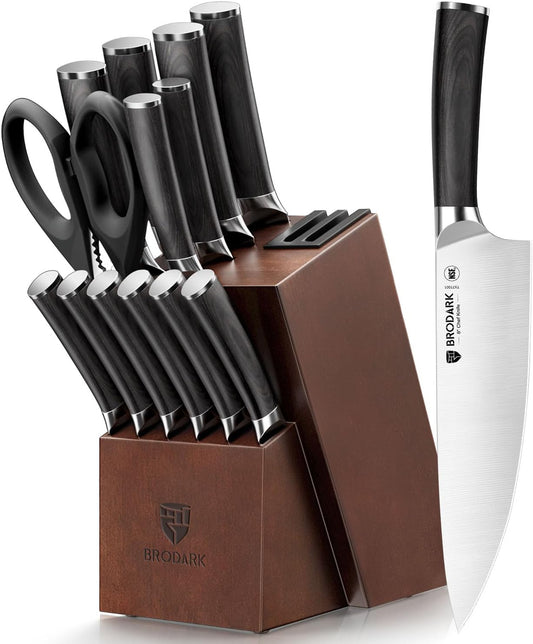 BRODARK Kitchen Knife Set, Ultra Sharp 15 Pcs Knife Set with Block, Full Tang Chef Knife Set, High Carbon Stainless Steel Knife Block Set with Sharpener, Wooden Handle