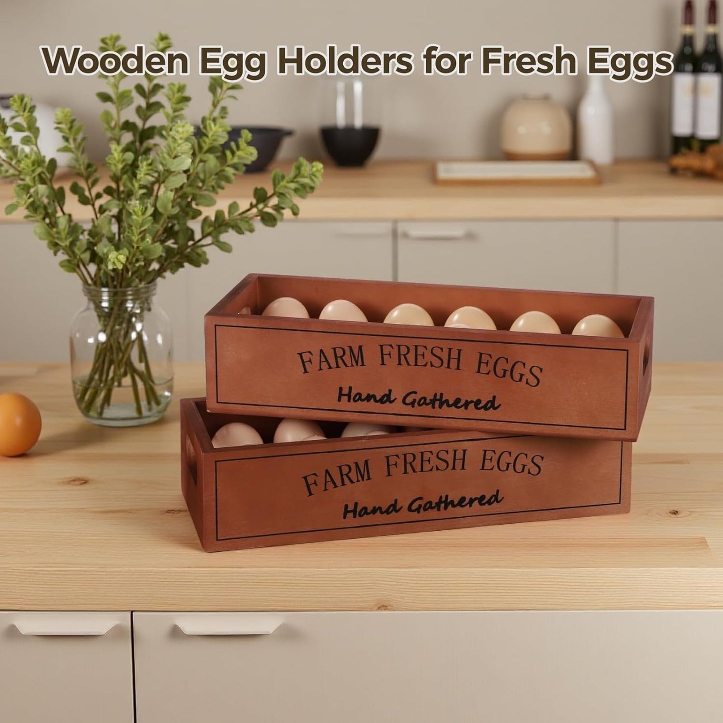 2 PCS Wooden Egg Holders, Farm Fresh Egg Baskets, Open Design with Handle, Holds 12 Eggs per Compartment, Ideal for Kitchen Countertop, Simple and Quality Storage Solution