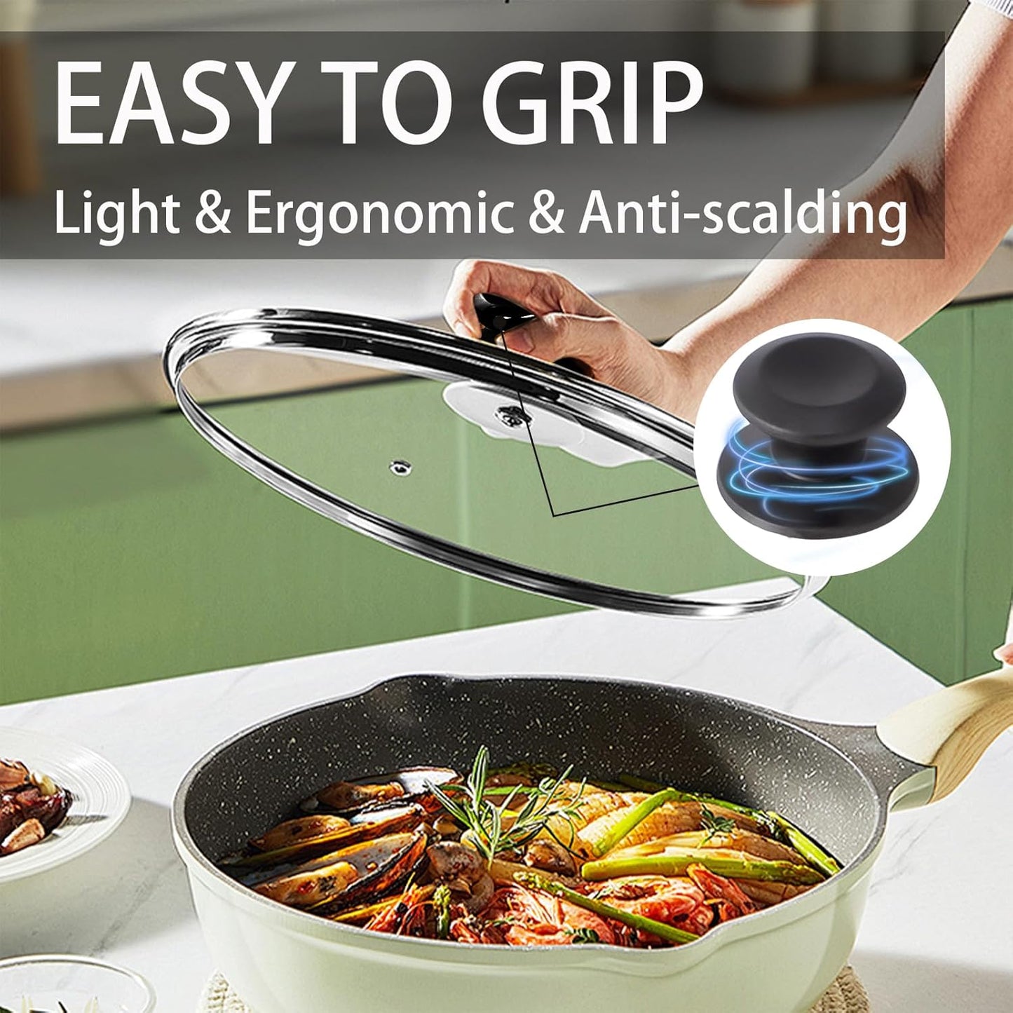 12 inch Tempered Glass Lid for Pots, Frying Pans and Skillets, Replacement Cover with Heat Resistant Black Knob Handle, Dishwasher Safe