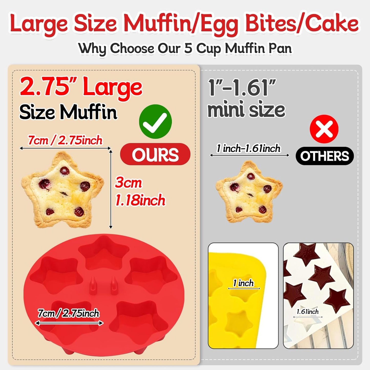 2Pcs Silicone Air Fryer Muffin Pan for Baking with Star Shape, 5 Cups Silicone Cupcake Pans Non Stick Egg Bites Mold, Muffin Tins for Oven Instant Pot Toaster Dishwasher