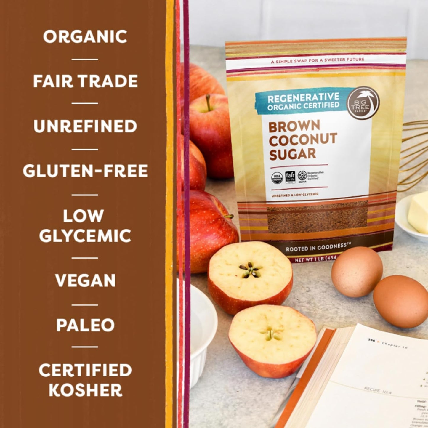Big Tree Farms Organic Brown Coconut Sugar - Coconut Palm Sugar, Unrefined, Fine Crystals, Cane Sugar Replacement, Coconut Blossom Nectar, Vegan, Perfect for Baking - 1 Pound (Pack of 1)