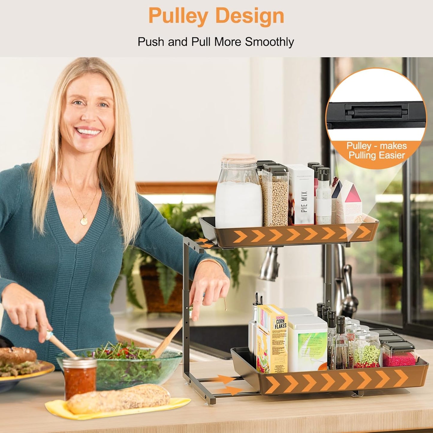 2 Pack Under Sink Organizer Pull 0ut, 3 Height Adjustable Under Kitchen Sink 0rganizer and Storage Black, 2 Tier Double Sliding Drawer Cabinet Organizer for Kitchen Bathroom Pantry