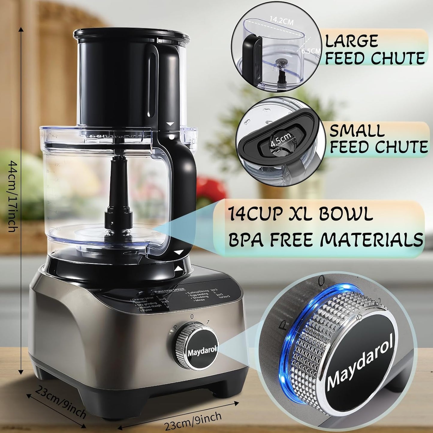 14 Cup Food Processor, French-Fry-Cutter, Blending, Mixing, Shredding, and Slicing, Meat and Vegetable Chopping, Doughing for Home Use, Mincing, and Pureeing,4 Speeds,600W