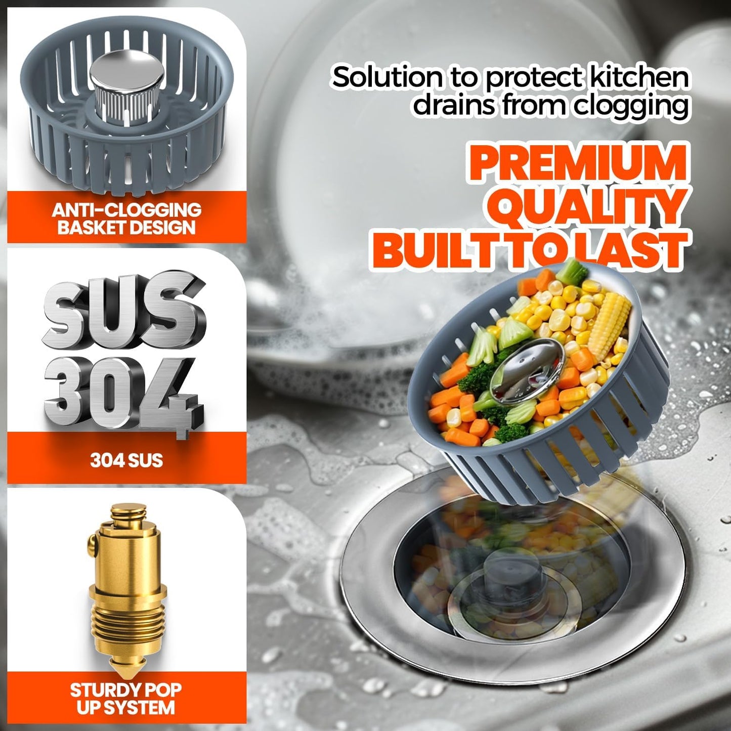 Kitchen Sink Drain Strainer - Upgraded Kitchen Sink Stopper,Sink Stopper Kitchen Drain,Stainless Steel Drain Plug with Anti-Clog Basket Drain Stopper Combo,for Standard 3-1/2'' Drain,Grey