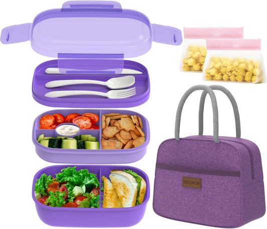 JBGOYON® Bento Lunch Box with Bag - All-in-One Stackable Lunch Containers with 3 Layers for Adults & Kids, 1900 ML Modern Bento-Style Design, Built-in Utensil Set, Lunch Bag (Purple)