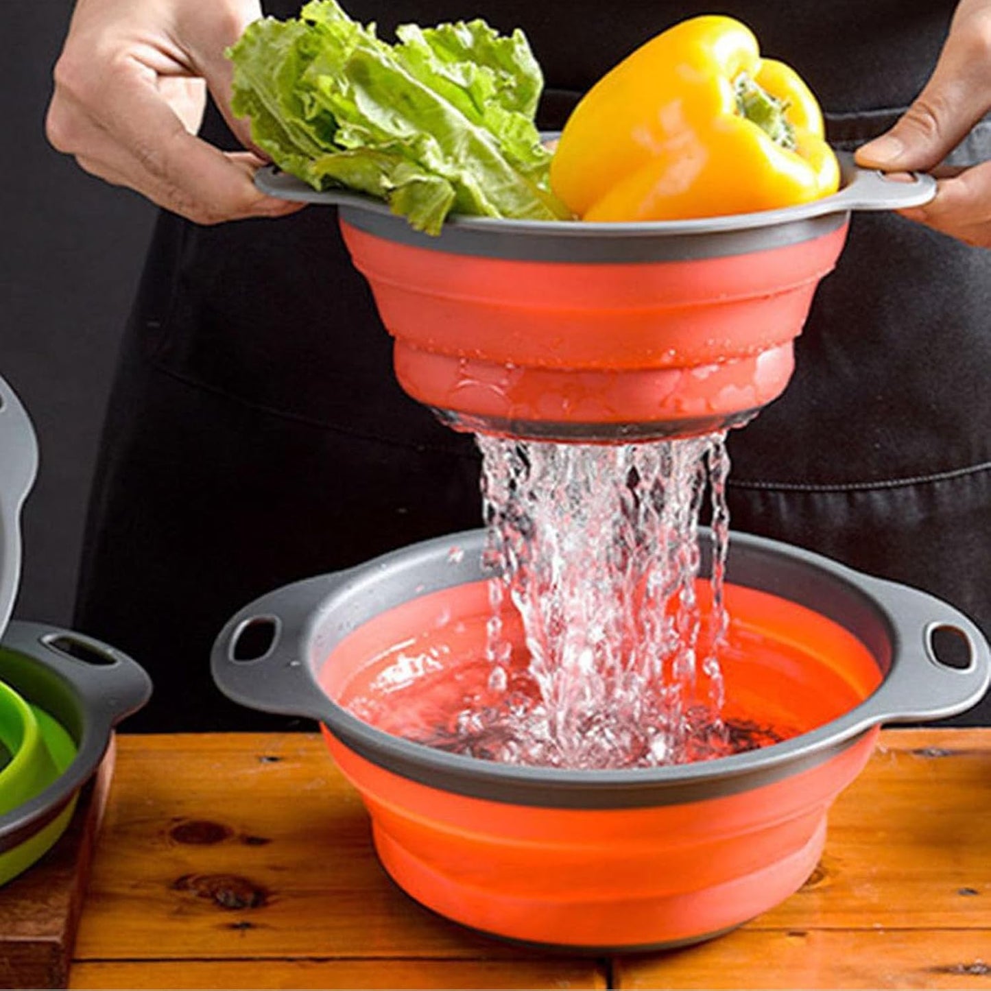 Collapsible Colander Set of 2 Silicone Kitchen Strainer Set, Perfect for Draining Pasta, Vegetable and fruit for Kitchen and Travel Use (Orange)