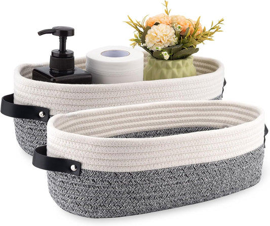 2 Pack Small Cotton Rope Woven Basket Toilet Paper Baskets for Organizing Decorative Basket for Boho Decor Small Storage Basket 13"x5.9"x4" Variegated Gray&White