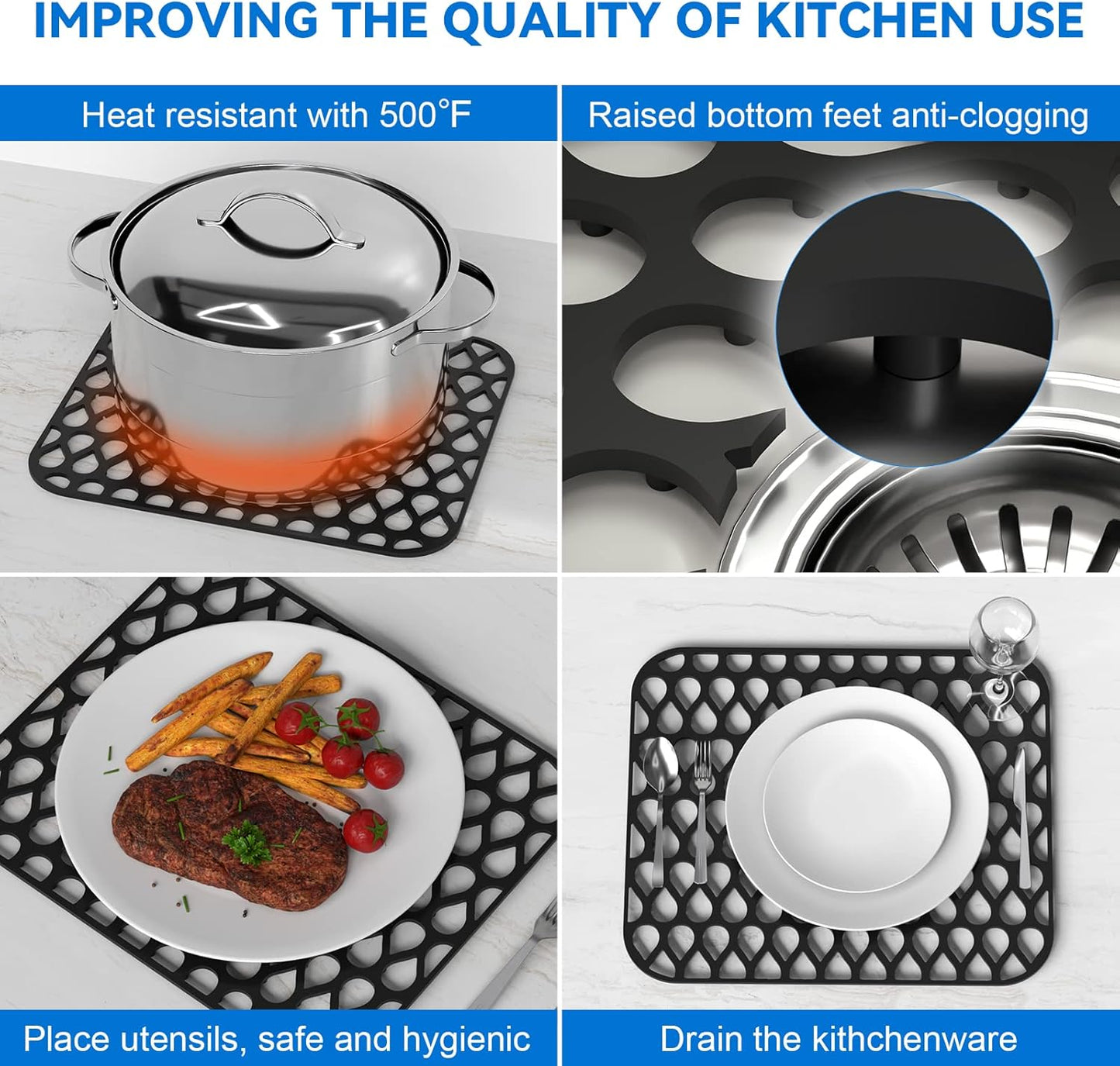 Kitchen Sink Mats,1Pcs TOOVEM 13.6"x11.6" Kitchen Sink Protector Grid for Bottom of Center Drain, Non-slip Heat Resistant Liner for Farmhouse Stainless Steel Porcelain Black