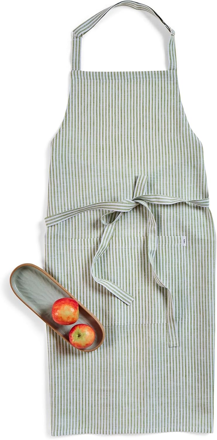 Solino Home 100% Pure Linen Apron for Women & Men - Avocado and White Stripe Full Midi Bib Apron, Adjustable Neck Strap with Center Pockets for Kitchen, Chef - Handcrafted from European Flax