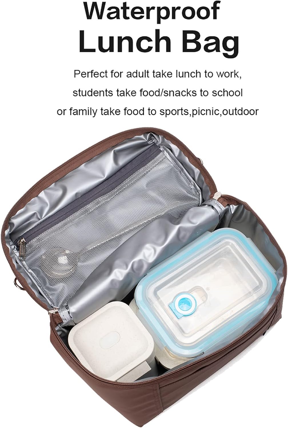 NOL Natural Organic Lifestyle Small Insulated Lunch Bags for Women Cooler Bag Lightweight Nylon Waterproof Lunch Box for Work（Small，coffee）