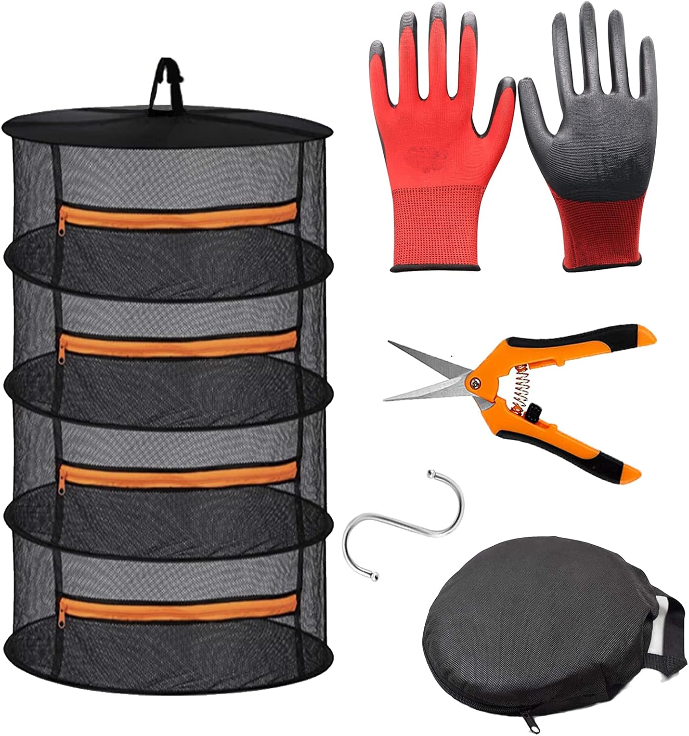 2ft 4 Layer Mesh Hanging Herb Drying Rack Dry Net Plant Drying Rack Net with Orange Zippers Can Dry Plants, Herbal，hanging dryer Hanging Mesh （ Band Garden Scissors）