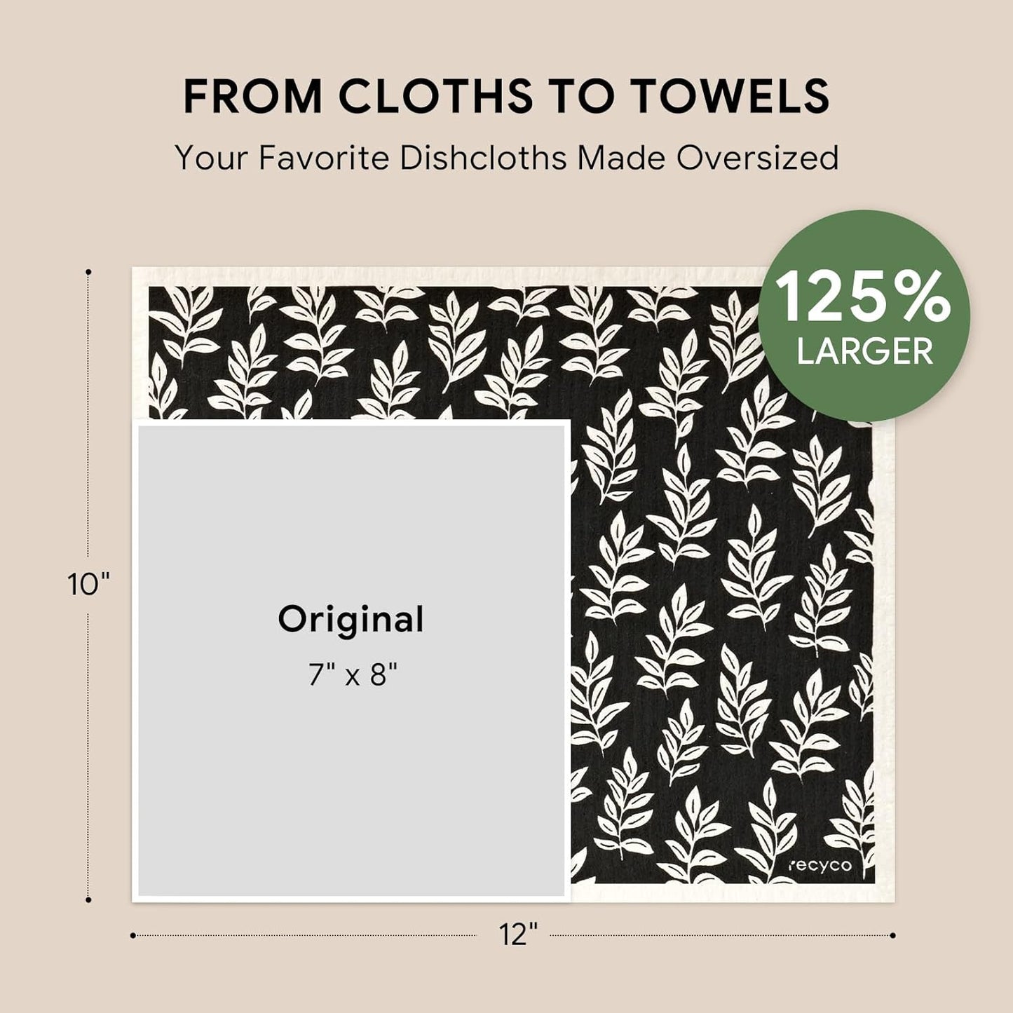 RECYCO Swedish Dishcloths for Kitchen | 4 Pack Oversized Washable Dish Rags | Large Cellulose Reusable Cleaning Paper Towels | Absorbent Counter Dish Cloth Sponge XL Kitchen Wipes, 12" L x 10" W