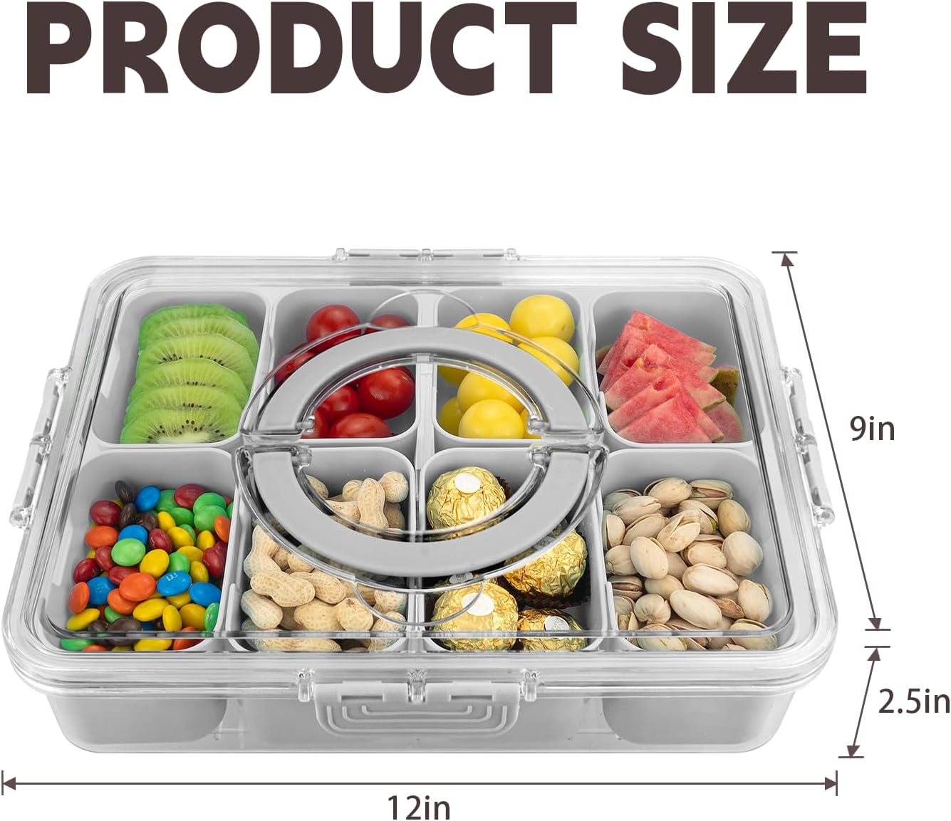Divided Serving Tray with Lid and Handle,8 Compartments Snacks Box,Snack Fruit and Veggie Tray,Portable Platter for Candy Fruits Nuts Snack Party Entertaining Picnic (1 PCS Grey)