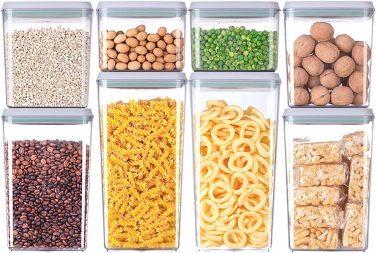 8-Piece Set of Pop Airtight Food Storage Containers with Lids Stackable Containers for Kitchen Pantry Organization Ideal for Cereal Snacks Flour Sugar Coffee and Spaghetti (1.2, 2.0, 2.7, 3.3qt)*2