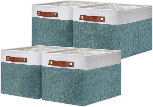 DULLEMELO Storage Baskets for Shelves, Fabric Collapsible Rectangular Storage Bins for Shelves, Closets, Nursery, Home, Office, Empty Gift Baskets (4-Pack-15"*11"*9.5", White&Deep Green)